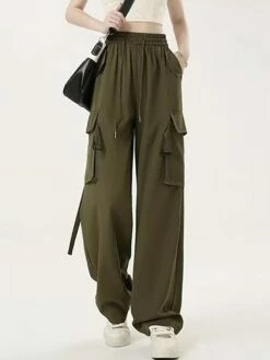 Women's Cargo Pants Wide Leg Pants Trousers Full Length Pocket Baggy Micro-elastic High Rise Fashion Streetwear Street Daily Wear Black Pink S M Fall Winter -LIGHTINTHEBOX Shop flvsip1692257393253