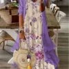 Women's Two Piece Dress Set Print Dress Daily Vacation Casual Print Maxi Dress V Neck 3/4 Length Sleeve Floral Loose Fit White Purple Green Summer Spring S M L XL XXL -LIGHTINTHEBOX Shop fmanpu1677121635769
