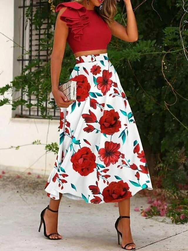 Women's Blouse Skirt Sets Boho Streetwear Sexy Pink Red Cocktail Party Date Vacation Floral Print Maxi Skirt S M L XL Butterfly Sleeve 4 Women's Blouse Skirt Sets Boho Streetwear Sexy Pink Red Cocktail Party Date Vacation Floral Print Maxi Skirt S M L XL Butterfly Sleeve - Image 2