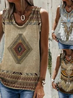 Women's Tank Top Brown Beige Gray Owl Tribal Print Sleeveless Daily Weekend Vintage Ethnic Round Neck Regular Fit Geometric Painting Sleeveless -LIGHTINTHEBOX Shop fnbzfv1675233583898