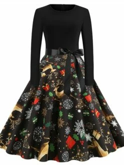 Women's Christmas Casual Dress Knee Length Dress Black Long Sleeve SnowflakeTree Animal Bow Print Fall Winter Crew Neck Stylish Casual Modern 2022 S M L XL XXL