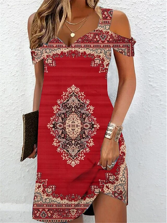 Women's Casual Dress Ethnic Dress Summer Dress Floral Tribal Cold Shoulder Print Strap Mini Dress Vintage Ethnic Outdoor Daily Short Sleeve Regular Fit Black Wine Red Summer Spring S M L XL XXL 7 Women's Casual Dress Ethnic Dress Summer Dress Floral Tribal Cold Shoulder Print Strap Mini Dress Vintage Ethnic Outdoor Daily Short Sleeve Regular Fit Black Wine Red Summer Spring S M L XL XXL - Image 5