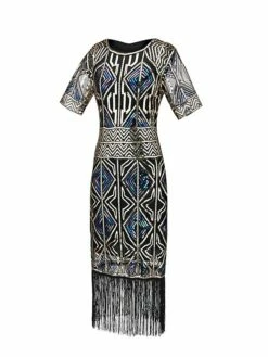 Women's Retro 1920s Fringe Dress Midi Dress Party Halloween Sequins Tassel Fringe Geometric Crewneck Short Sleeve Regular Fit Spring Fall 2023 Red Blue S M L XL -LIGHTINTHEBOX Shop fqgngv1693206884867