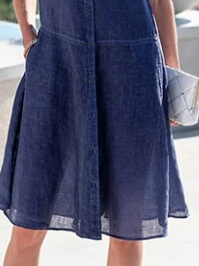 Women's Shirt Dress Casual Dress Cotton Linen Dress Midi Dress Linen / Cotton Blend Fashion Modern Outdoor Daily Vacation Shirt Collar Button Pocket Half Sleeve Summer Spring Fall 2023 Loose Fit Blue 6 Women's Shirt Dress Casual Dress Cotton Linen Dress Midi Dress Linen / Cotton Blend Fashion Modern Outdoor Daily Vacation Shirt Collar Button Pocket Half Sleeve Summer Spring Fall 2023 Loose Fit Blue - Image 4