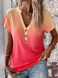 Women's T Shirt Tee Blouse Red Blue Purple Color Gradient Button Print Short Sleeve Casual Basic Neon & Bright V Neck Regular Fit