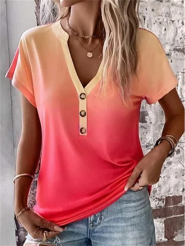 Women's T Shirt Tee Blouse Red Blue Purple Color Gradient Button Print Short Sleeve Casual Basic Neon & Bright V Neck Regular Fit 3 Women's T Shirt Tee Blouse Red Blue Purple Color Gradient Button Print Short Sleeve Casual Basic Neon & Bright V Neck Regular Fit