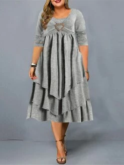 Women‘s Plus Size Curve Flattering Dresses Apple Shaped Dress Wedding Guest Casual Dress Shift Dress Solid Color Midi Dress Long Sleeve Ruffle Pocket Crew Neck Basic Daily Pink Wine Fall Spring Dress