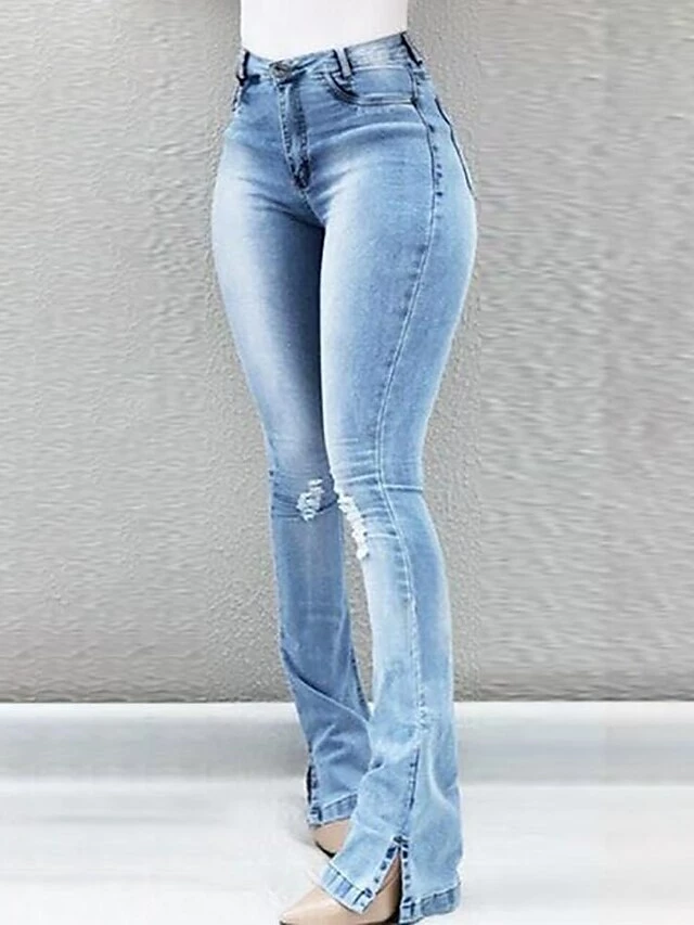 Women‘s Flare Jeans Pants Trousers Full Length Denim Split High Elasticity High Waist Fashion Casual Office Vacation Light Blue Bule S M Autumn / Fall 5 Women‘s Flare Jeans Pants Trousers Full Length Denim Split High Elasticity High Waist Fashion Casual Office Vacation Light Blue Bule S M Autumn / Fall - Image 3