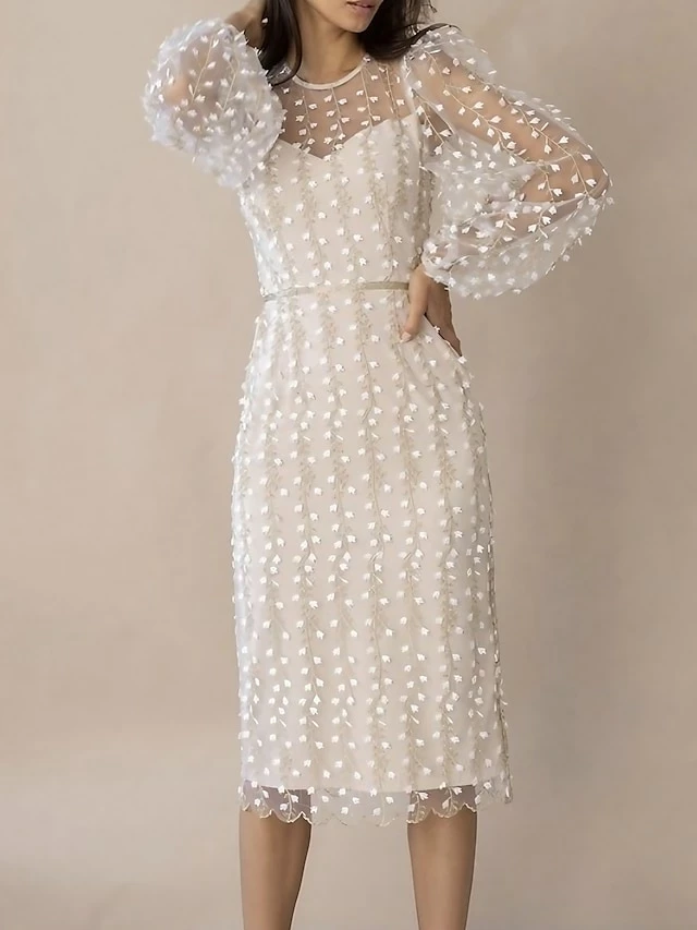 Women's Party Dress Lace Dress Sheath Dress Knee Length Dress White Long Sleeve Pure Color Lace Winter Fall Spring Crew Neck Elegant Winter Dress Birthday Wedding Guest 2023 S M L XL 3 Women's Party Dress Lace Dress Sheath Dress Knee Length Dress White Long Sleeve Pure Color Lace Winter Fall Spring Crew Neck Elegant Winter Dress Birthday Wedding Guest 2023 S M L XL
