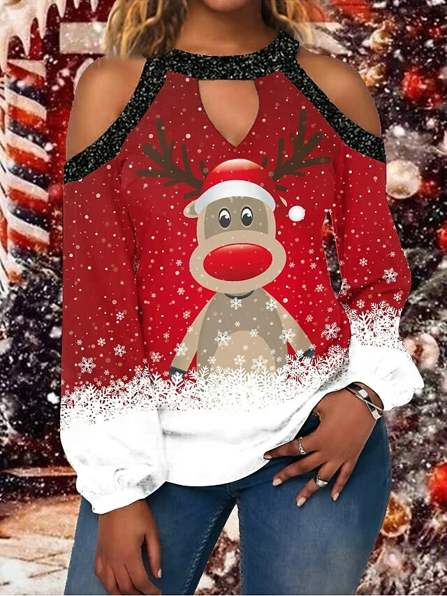 Women's Shirt Christmas Shirt Wine Red Navy Blue Snowflake Deer Cut Out Print Long Sleeve Christmas Weekend Streetwear Casual Print Round Neck Regular Fit Cold Shoulder 4 Women's Shirt Christmas Shirt Wine Red Navy Blue Snowflake Deer Cut Out Print Long Sleeve Christmas Weekend Streetwear Casual Print Round Neck Regular Fit Cold Shoulder - Image 2