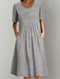 Women's Casual Dress Summer Dress Print Dress Stripe Ruched Pocket Crew Neck Midi Dress Active Fashion Outdoor Daily Short Sleeve Regular Fit Gray Summer S M L XL XXL