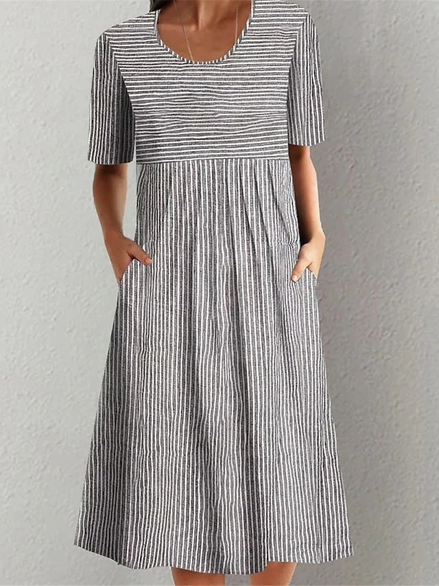 Women's Casual Dress Summer Dress Print Dress Stripe Ruched Pocket Crew Neck Midi Dress Active Fashion Outdoor Daily Short Sleeve Regular Fit Gray Summer S M L XL XXL 3 Women's Casual Dress Summer Dress Print Dress Stripe Ruched Pocket Crew Neck Midi Dress Active Fashion Outdoor Daily Short Sleeve Regular Fit Gray Summer S M L XL XXL