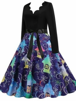 Women's Christmas Casual Dress Swing Dress Midi Dress Blue Purple Royal Blue Light Blue White Long Sleeve Santa Claus Elk Tree Bow Print Winter Fall V Neck Vacation Vintage 2022 S M L XL -LIGHTINTHEBOX Shop fsvqru1666927316260