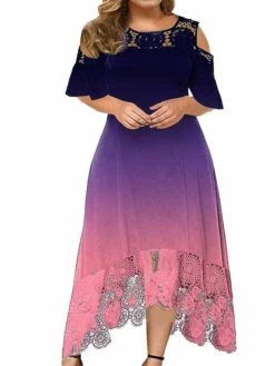 Women‘s Plus Size Curve Casual Dress A Line Dress Gradient Long Dress Maxi Dress Short Sleeve Patchwork Hollow Out Crew Neck Fashion Outdoor Black Light Green Summer Spring XL XXL 3XL 4XL 5XL