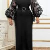 Women's Plus Size Curve Party Dress Black Dress Formal Dress Plain Long Dress Maxi Dress Long Sleeve Lace Stand Collar Fashion Party Black Fall Winter XL XXL 3XL 4XL