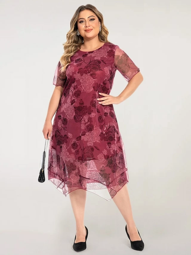 Women's Plus Size Party Dress Cocktail Dress Wedding Guest Dress Midi Dress Wine Blue Short Sleeve Floral Mesh Summer Spring Fall Crew Neck Fashion Wedding Guest Vacation Summer Dress 2023 L XL XXL 3 Women's Plus Size Party Dress Cocktail Dress Wedding Guest Dress Midi Dress Wine Blue Short Sleeve Floral Mesh Summer Spring Fall Crew Neck Fashion Wedding Guest Vacation Summer Dress 2023 L XL XXL