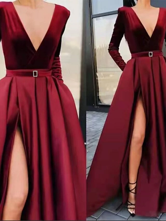 Women‘s Party Dress Velvet Dress Red Long Dress Maxi Dress Wine Long Sleeve Pure Color Ruched Pleated Split Winter Fall V Neck Party Hot Elegant Fall Dress Slim 2023 S M L XL Winter Dress 4 Women‘s Party Dress Velvet Dress Red Long Dress Maxi Dress Wine Long Sleeve Pure Color Ruched Pleated Split Winter Fall V Neck Party Hot Elegant Fall Dress Slim 2023 S M L XL Winter Dress - Image 2
