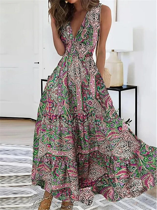 Women's Casual Dress Ethnic Dress Swing Dress Floral Paisley Pocket Print V Neck Long Dress Maxi Dress Vintage Ethnic Outdoor Daily Sleeveless Regular Fit Light Green Red Purple Summer Spring S M L 7 Women's Casual Dress Ethnic Dress Swing Dress Floral Paisley Pocket Print V Neck Long Dress Maxi Dress Vintage Ethnic Outdoor Daily Sleeveless Regular Fit Light Green Red Purple Summer Spring S M L - Image 5