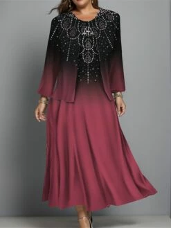 Women's Plus Size Two Piece Dress Set Casual Dress Swing Dress Outdoor Office Fashion Streetwear Print Midi Dress Crew Neck Long Sleeve Geometric Ombre Regular Fit Blue Purple Green Fall Winter L XL