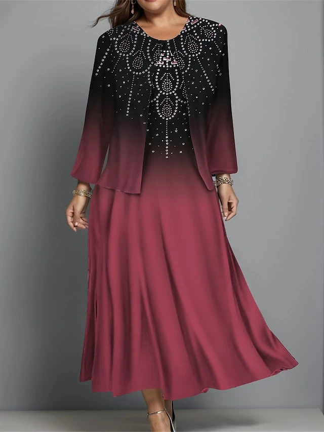 Women's Plus Size Two Piece Dress Set Casual Dress Swing Dress Outdoor Office Fashion Streetwear Print Midi Dress Crew Neck Long Sleeve Geometric Ombre Regular Fit Blue Purple Green Fall Winter L XL 3 Women's Plus Size Two Piece Dress Set Casual Dress Swing Dress Outdoor Office Fashion Streetwear Print Midi Dress Crew Neck Long Sleeve Geometric Ombre Regular Fit Blue Purple Green Fall Winter L XL