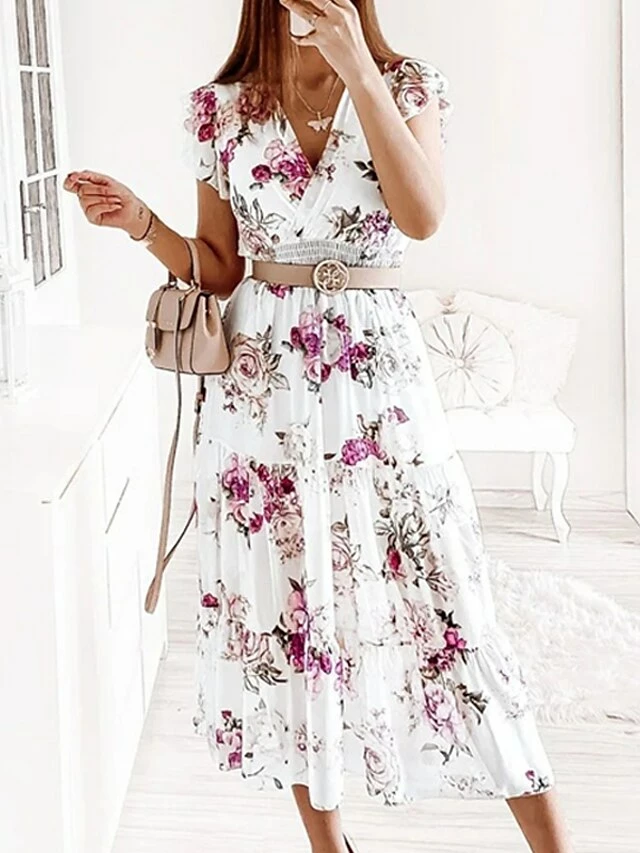 Women's Casual Dress Swing Dress Floral Dress Midi Dress Red Blue Sleeveless Floral Ruffle Summer Spring V Neck Stylish Loose Fit 2023 S M L XL 6 Women's Casual Dress Swing Dress Floral Dress Midi Dress Red Blue Sleeveless Floral Ruffle Summer Spring V Neck Stylish Loose Fit 2023 S M L XL - Image 4