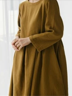 Women's Cotton Linen Dress Casual Dress Swing Dress Maxi Long Dress Cotton Blend Basic Classic Outdoor Daily Crew Neck Pocket Smocked Long Sleeve Summer Spring Fall 2023 Loose Fit Black Yellow Green -LIGHTINTHEBOX Shop fwrzep1673850087047