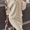 Women's Two Piece Dress Set Casual Dress Sequin Dress Daily Date Fashion Streetwear Patchwork Hollow Out Midi Dress V Neck Long Sleeve Plain Loose Fit Apricot Fall Winter S M L XL