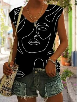 Women's Tank Top Black White Blue Floral Portrait Print Sleeveless Casual Basic V Neck Regular Fit Floral Portrait
