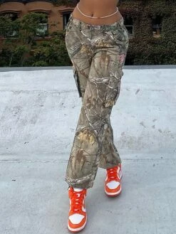 Women's Cargo Pants Pants Trousers Straight Full Length Pocket Print Micro-elastic Mid Waist Fashion Streetwear Street Daily Brown S M Fall Winter