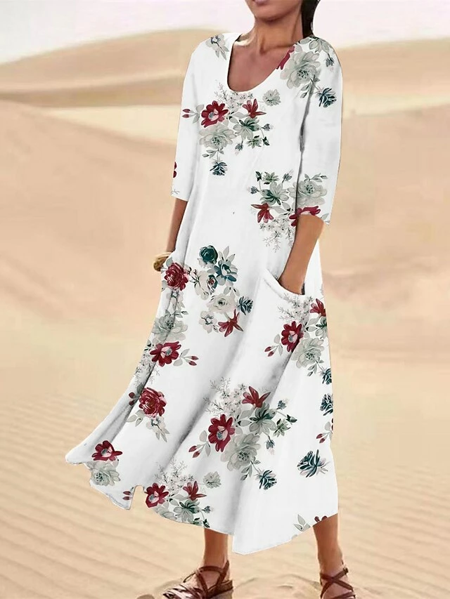 Women's Casual Dress Cotton Linen Dress Midi Dress Polyester Fashion Casual Daily Outdoor Daily Vacation Crew Neck Pocket Print Half Sleeve Summer Spring Fall 2023 Loose Fit ArmyGreen White Red Leaf 4 Women's Casual Dress Cotton Linen Dress Midi Dress Polyester Fashion Casual Daily Outdoor Daily Vacation Crew Neck Pocket Print Half Sleeve Summer Spring Fall 2023 Loose Fit ArmyGreen White Red Leaf - Image 2