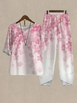 Women's Shirt Pants Sets Black Yellow Pink Floral Plant Print Holiday Weekend Daily Basic Neon & Bright Round Neck Regular Fit Fall & Winter -LIGHTINTHEBOX Shop fzbetu1689852712153