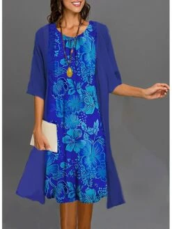 Women's Two Piece Dress Set Casual Dress Daily Vacation Modern Casual Print Midi Dress Crew Neck Half Sleeve Graphic Floral Loose Fit Wine Royal Blue Blue Summer Spring S M L XL XXL -LIGHTINTHEBOX Shop fzbsgg1680510945024