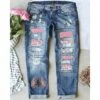 Women's Jeans Distressed Jeans Denim Blue Fashion Christmas Xmas Street Casual Side Pockets Baggy Micro-elastic Full Length Comfort Leopard S M L XL XXL / Cut Out / Ripped / Print
