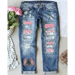 Women's Jeans Distressed Jeans Denim Blue Fashion Christmas Xmas Street Casual Side Pockets Baggy Micro-elastic Full Length Comfort Leopard S M L XL XXL / Cut Out / Ripped / Print