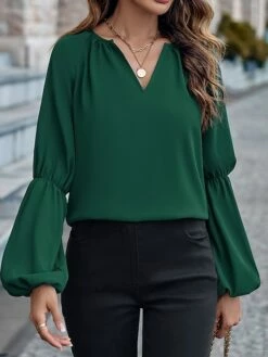 Shirt Blouse Women's Black Green Khaki Solid / Plain Color Puff Sleeve Daily Fashion V Neck Regular Fit S