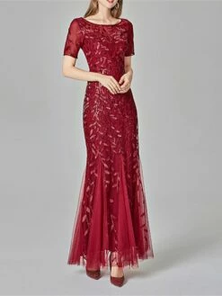 Women‘s Party Dress Wedding Guest Dress Sequin Dress Sheath Dress Maxi Long Dress Silver Light Blue Wine Short Sleeve Pure Color Sequins Winter Fall Autumn Crew Neck Evening Party 2023 S M L XL