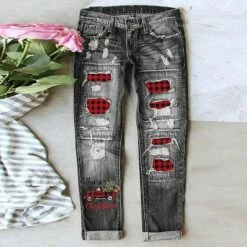 Women's Jeans Distressed Jeans Denim Light Blue Dark Blue Grey Fashion Christmas Xmas Street Casual Side Pockets Baggy Micro-elastic Full Length Comfort Graphic S M L XL XXL / Cut Out / Ripped