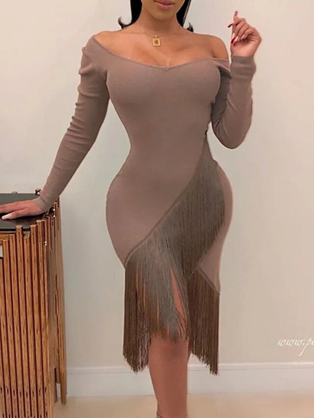 Women‘s Party Dress Wedding Guest Dress Fringe Dress Bodycon Midi Dress Black White Red Long Sleeve Pure Color Tassel Fringe Spring Fall Winter V Neck Fashion Winter Dress Vacation 2022 S M L XL XXL 18 Women‘s Party Dress Wedding Guest Dress Fringe Dress Bodycon Midi Dress Black White Red Long Sleeve Pure Color Tassel Fringe Spring Fall Winter V Neck Fashion Winter Dress Vacation 2022 S M L XL XXL - Image 16