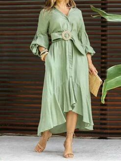 Women's Shirt Dress Casual Dress Swing Dress Maxi Long Dress Outdoor Office Daily Polyester Fashion Elegant Shirt Collar Ruffle Button 3/4 Length Sleeve Summer Spring Fall 2023 Loose Fit Blue Green -LIGHTINTHEBOX Shop gczxkw1688632148707