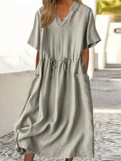 Women's Casual Dress Cotton Linen Dress A Line Dress Midi Dress Cotton Blend Basic Casual Outdoor Vacation Shirt Collar Pocket Short Sleeve Summer Spring 2023 Regular Fit Red Green Gray Plain M L XL -LIGHTINTHEBOX Shop gdhgty1682673457418