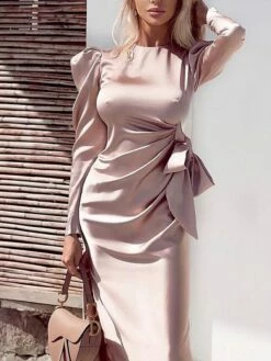 Women‘s Party Dress Wedding Guest Dress Satin Dress Pink Dress Midi Dress Pink Long Sleeve Print Ruched Winter Fall Autumn Crew Neck Elegant Wedding Party Winter Dress 2023 S M L XL XXL -LIGHTINTHEBOX Shop gdjlct1627286177096