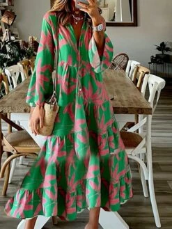 Women's Casual Dress Swing Dress Midi Dress Green Long Sleeve Print Print Summer Spring V Neck Vacation Winter Dress Fall Dress 2023 S M L XL XXL 3XL