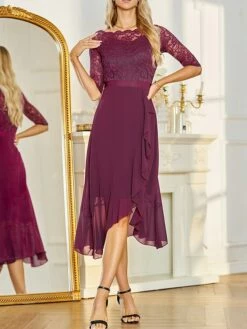 Women's Party Dress Lace Dress Cocktail Dress Midi Dress Pink Navy Blue Fuchsia 3/4 Length Sleeve Pure Color Lace Spring Fall Winter Off Shoulder Fashion Winter Dress Wedding Guest Vacation 2023 S M