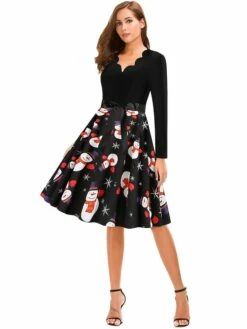 Women's Christmas Knee Length Dress Black Long Sleeve Print Print Winter V Neck Active3D Print S M L XL XXL XXXL -LIGHTINTHEBOX Shop gejuxd1631779018685