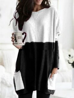 Women's T Shirt Tee Black Pink Blue Color Block Pocket Long Sleeve Daily Weekend Basic Round Neck Regular Fit Painting Spring &Fall