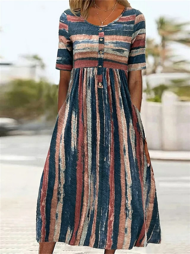 Women's Casual Dress Summer Dress Print Dress Stripe Button Pocket Crew Neck Midi Dress Active Fashion Outdoor Daily Half Sleeve Regular Fit Blue Summer Spring S M L XL XXL 3 Women's Casual Dress Summer Dress Print Dress Stripe Button Pocket Crew Neck Midi Dress Active Fashion Outdoor Daily Half Sleeve Regular Fit Blue Summer Spring S M L XL XXL