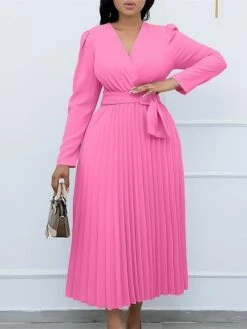 Women's Work Dress Sheath Dress Swing Dress Fashion Winter Dress Office Daily Midi Dress Lace Up Pleated V Neck Long Sleeve Plain Regular Fit Black Yellow Pink Fall Winter S M L XL XXL -LIGHTINTHEBOX Shop gfiorc1695027368009