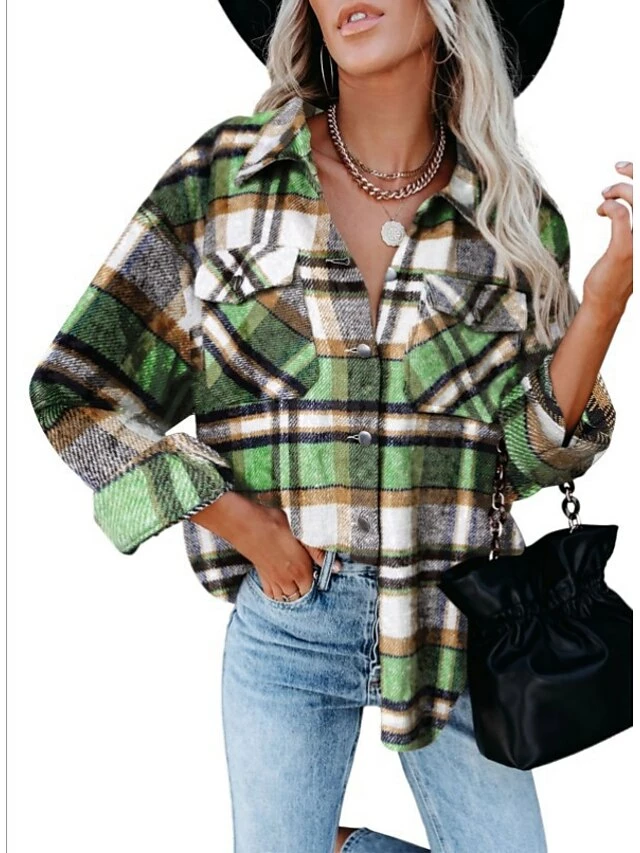 Women's Blouse Shacket Pink Red Blue Plaid Button Pocket Print Long Sleeve Casual Fashion Shirt Collar Regular Fit Spring &Fall 14 Women's Blouse Shacket Pink Red Blue Plaid Button Pocket Print Long Sleeve Casual Fashion Shirt Collar Regular Fit Spring &Fall - Image 12