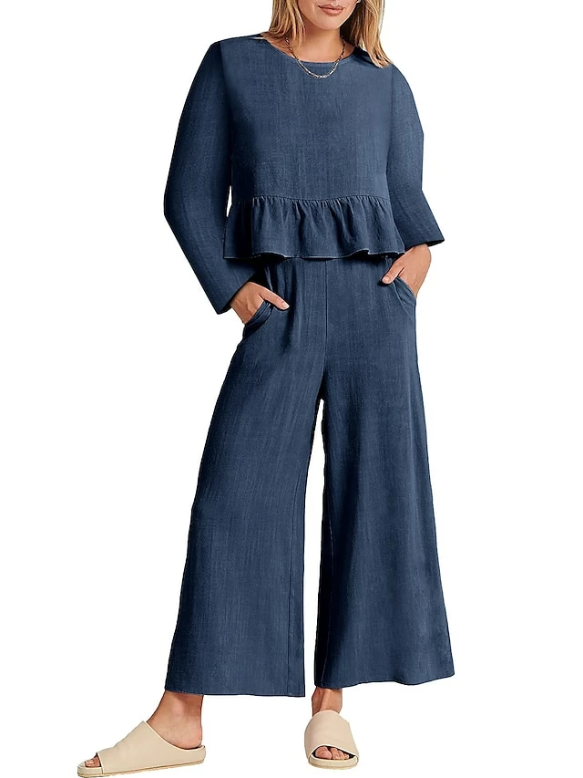 Women's Shirt Pants Sets Black Army Green Red Solid Color Ruffle Long Sleeve Casual Holiday Basic Round Neck Regular Fit Spring &Fall 3 Women's Shirt Pants Sets Black Army Green Red Solid Color Ruffle Long Sleeve Casual Holiday Basic Round Neck Regular Fit Spring &Fall