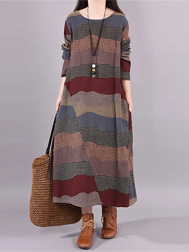 Women's Casual Dress Cotton Linen Dress Loose Dress Midi Dress Cotton Basic Classic Outdoor Daily Vacation Crew Neck Print Long Sleeve Spring Fall Winter 2023 Loose Fit Wine Brown Striped M L XL 2XL 4 Women's Casual Dress Cotton Linen Dress Loose Dress Midi Dress Cotton Basic Classic Outdoor Daily Vacation Crew Neck Print Long Sleeve Spring Fall Winter 2023 Loose Fit Wine Brown Striped M L XL 2XL - Image 2